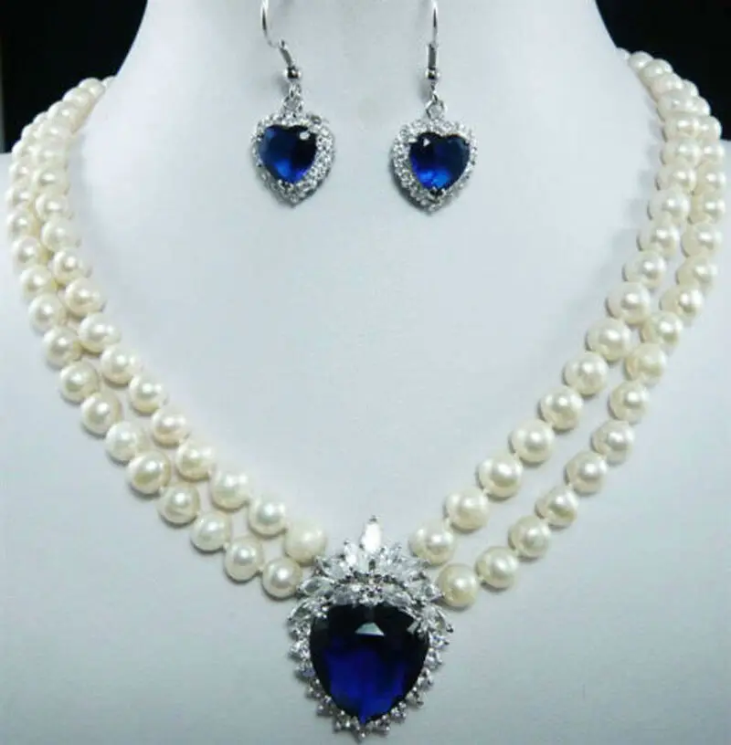 

Hot Sale 7-8mm Natural Freshwater White Pearl Blue Crystal Pendant Necklace + Earrings Set
