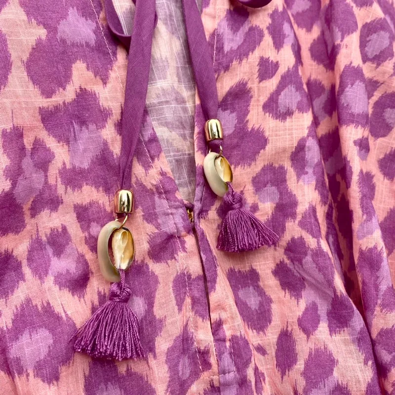 

2021 New Summer Women Fashion Rose Red Leapord Print Short Flare Sleece V-neck Ankle Length Dresses High Quality Cotton