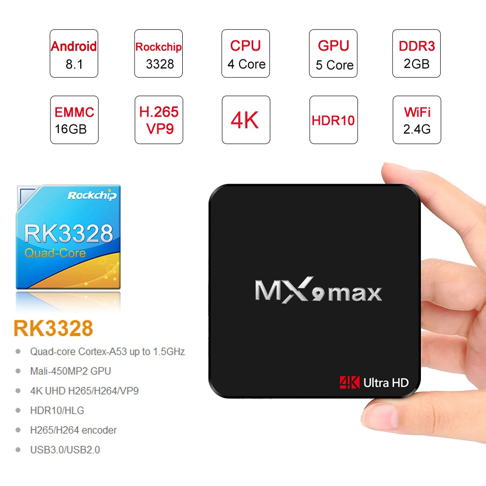 MX9 max Smart TV Android 8 1 ТВ приставка RK3328 Четырехъядерный 4K VP9 H.265 USB3.0 2 ГБ/16 Гб мини ПК WiFi LAN