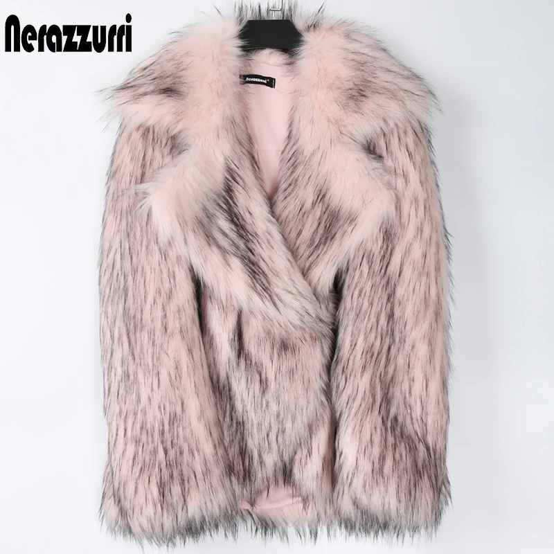 Nerazzurri Winter pink oversized faux fur jacket women lapel Warm thick loose fluffy fake fox fur coat for women 2020 fashion