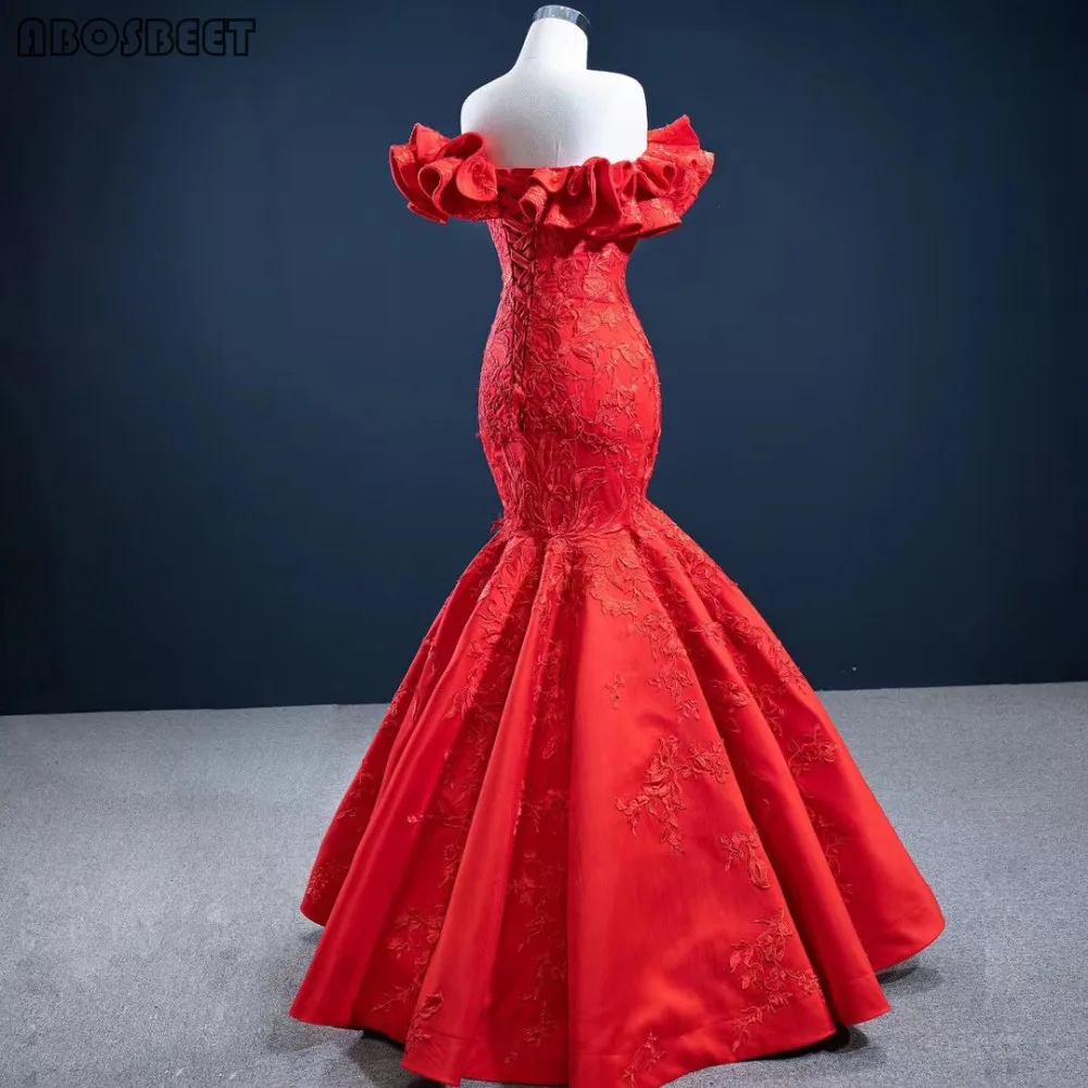 

Red Satin Prom Dress Long Mermaid Lace Long Formal Evening Gown Strapless Lace Up Back Vestido De Fiesta Sleeveless