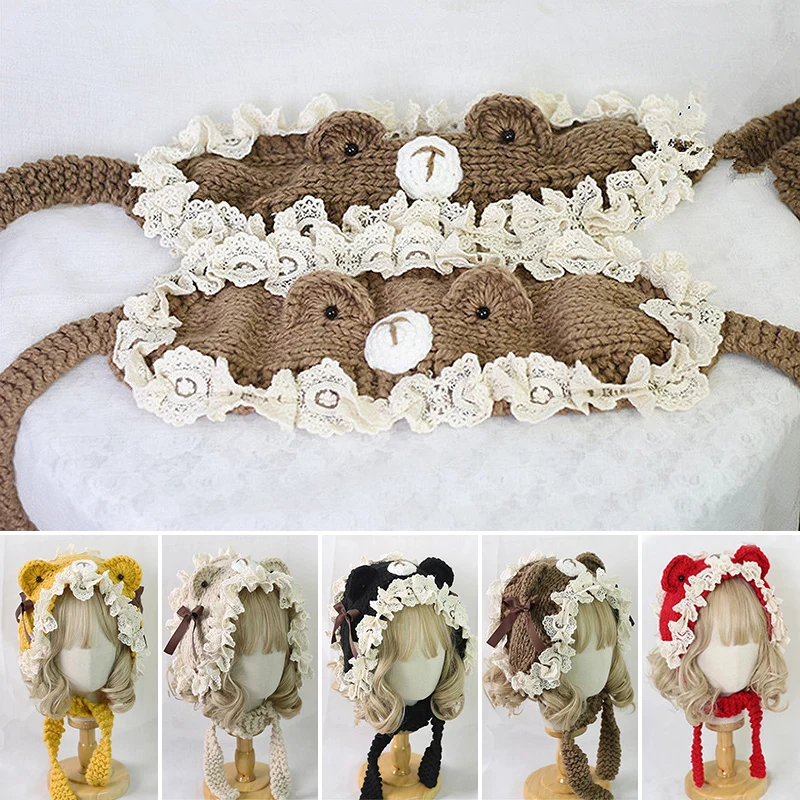 Японская шерстяная шапка с милыми медвежьими ушками милая трикотажная ручной