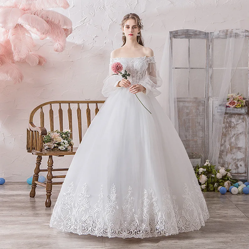 

Wedding Dress Illusion Sequined Pearls Embroidery Beading O-Neck Tulle Lace Off The Shoulder Floor-Length Women Bride Gown GB026