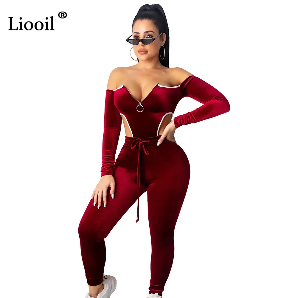 Бургундия Liooil Бархатный комплект из двух предметов для ночного клуба, боди с открытыми плечами и штаны, длинные рукава, на молнии, облегающие вечерние костюмы для женщин - Цвет: Бургундия