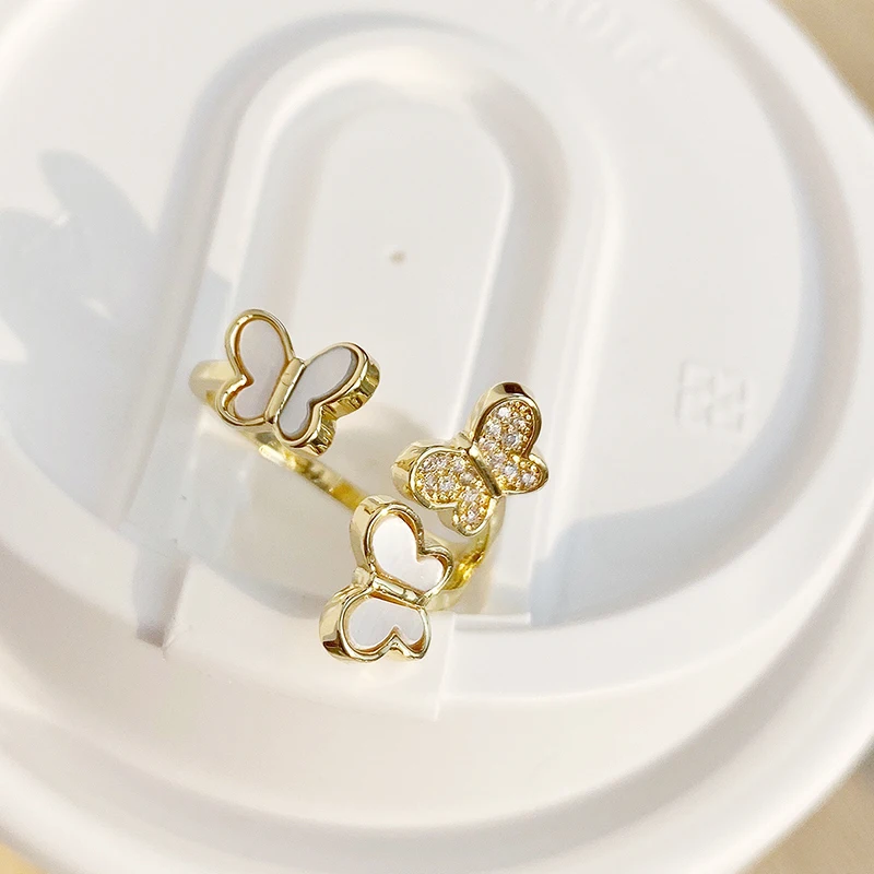 

Ins Hot Advanced 14k Real Gold Shell Butterfly and Zircon Butterfly Rings for Women Adjustable Open Design Inlay AAA Zircon Gift