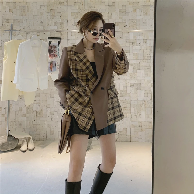 

Coat Full Sleeve Suit Jacket Cardigan Outerwear 2020 Women Autumn Loose Plaid Patchwork Blazer