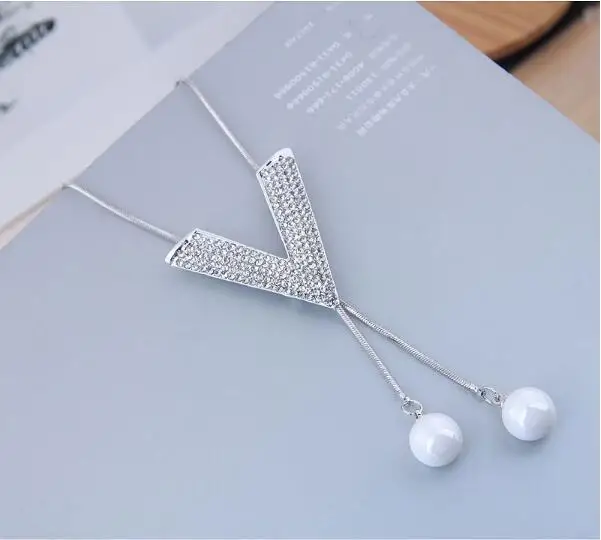 Металлическая цепочка Серебряная Стразы V-образная Подвеска Ожерелье женское