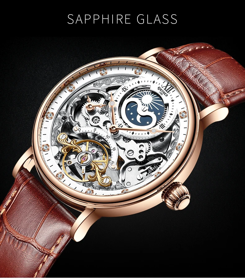 KINYUED, водонепроницаемые мужские Tourbillon часы с скелетом, лучший бренд, роскошные прозрачные механические часы с фазой Луны, спортивные мужские наручные часы