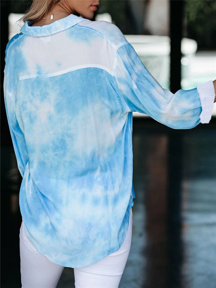 

2020 Summer Blouse Elegant Tie Dye Print Turn-down Collar Womens Casual Top Plus Size Long Sleeve Pockets Female Blusas Shirts