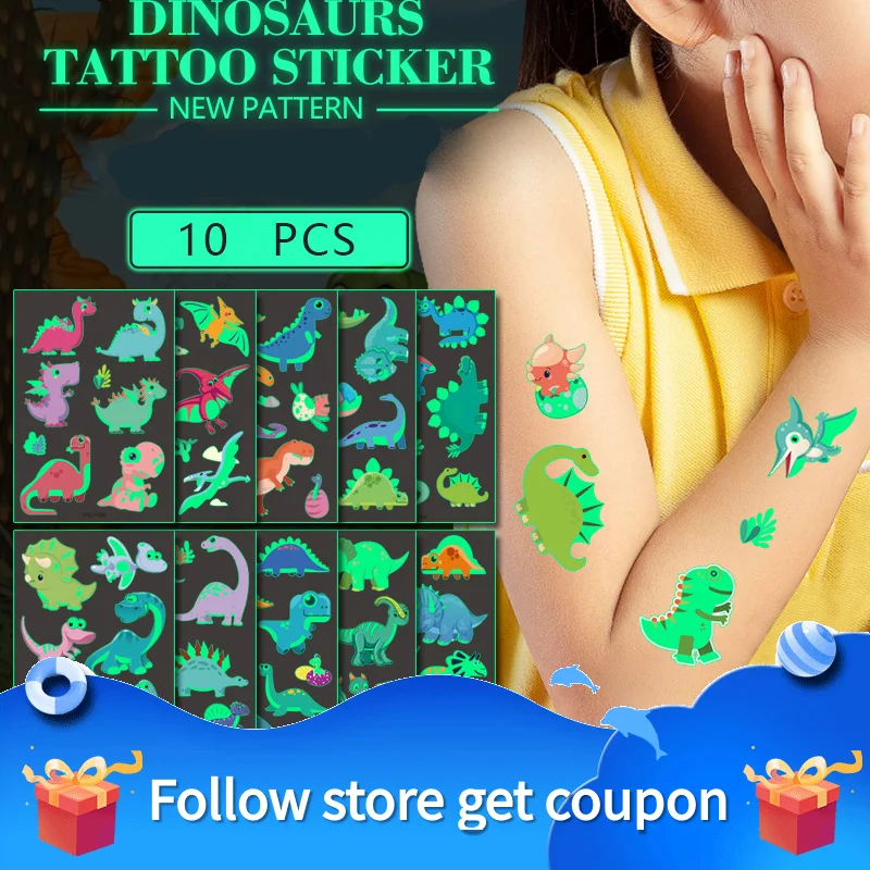 Pegatinas de tatuajes de dinosaurios para ni&ntilde;os, tatuajes luminosos impermeables de dibujos animados, arte de cuerpo falso brillante, regalo decorativo a prueba de sudor-0