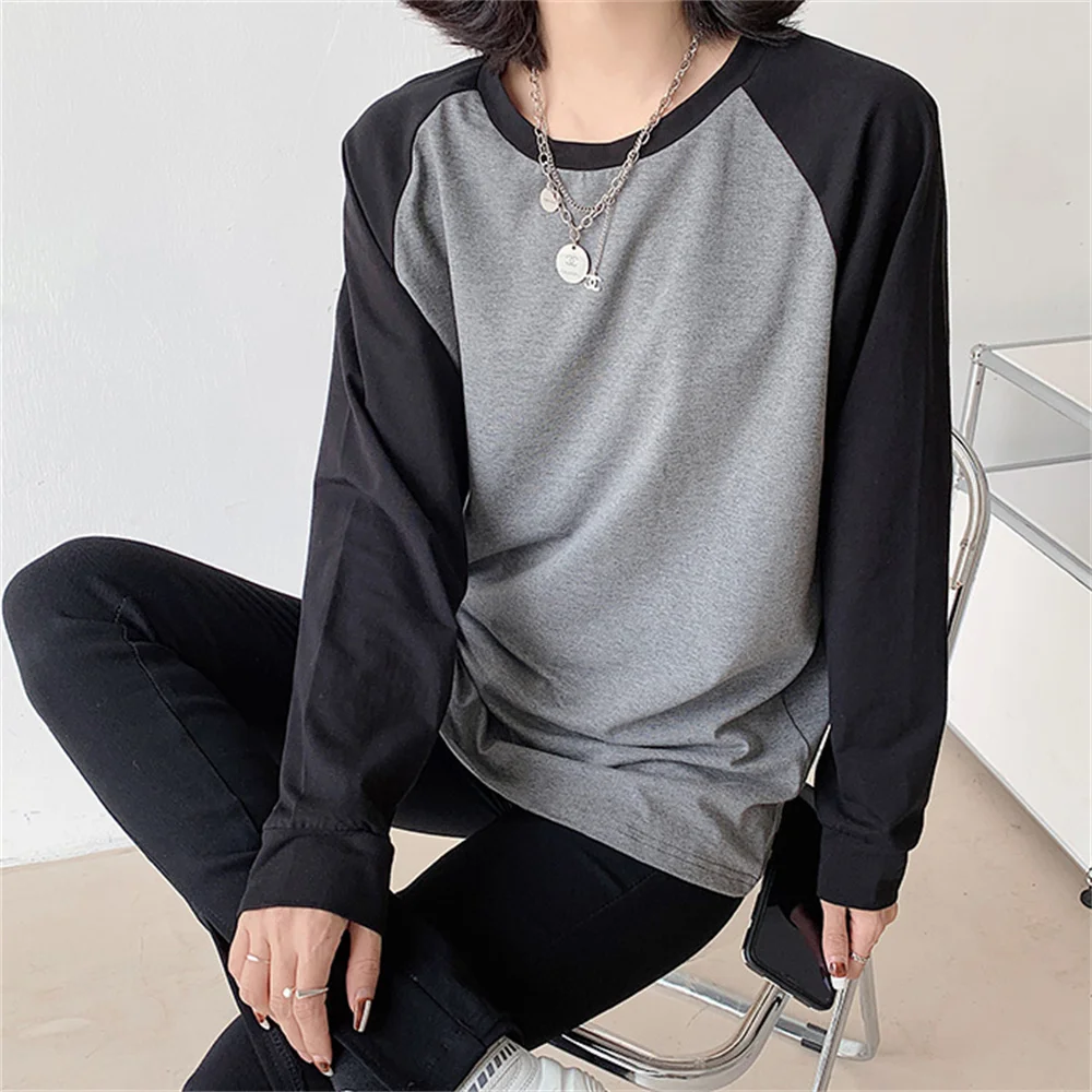 

Женская футболка с длинным рукавом 민민민민grey, новинка, хлопок 2021, Шикарная стильная базовая одежда для студентов, популярные удобные женские...