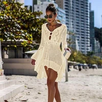 new sexy v neck long sleeved knitted hollow skirt seaside sunscreen hollow blouse multicolor beach women dresses summer 2022