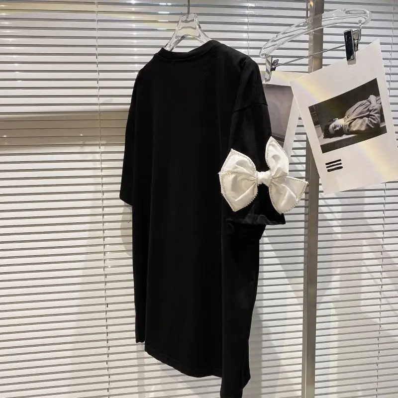 

Women Short Sleeve T-shirt 2021 Summer New Big Bow Diamond Edge Round Neck Pullover Casual Loose T Shirt Ladies Tops