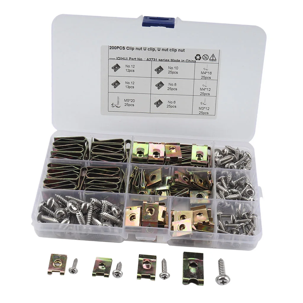 200pcs Assorted Spire Clips U Nuts Fasteners No.10 M3x12 M5x20 | Screws