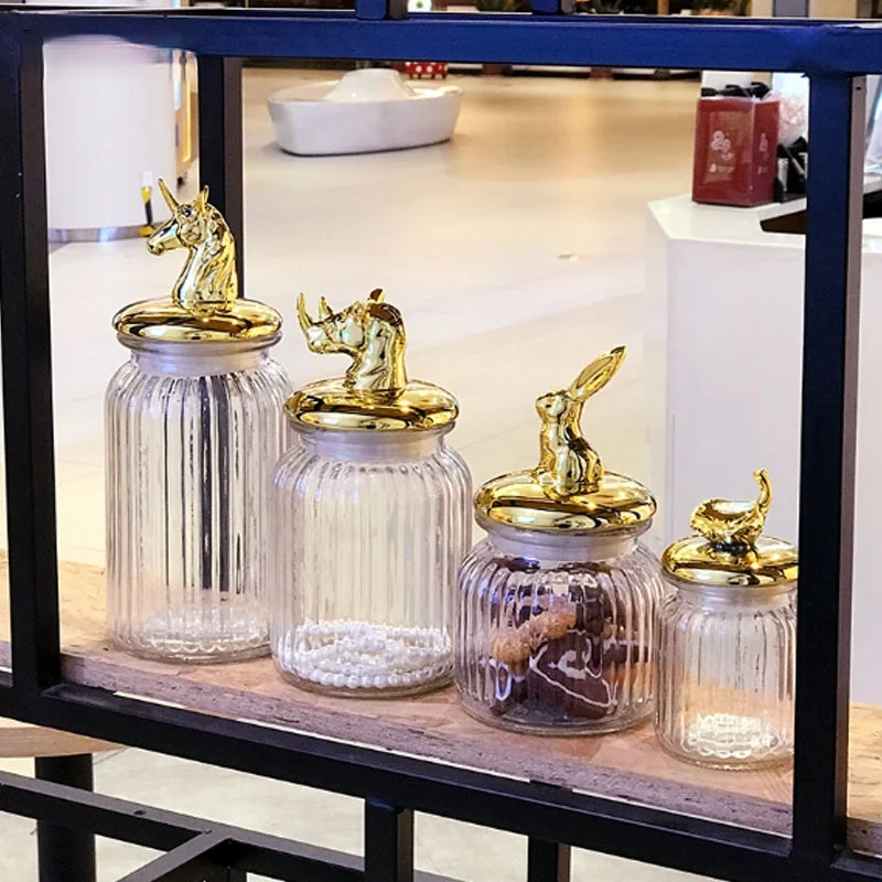 

Golden Rabbit Glass Jars with Lid Animal Decorative Cosmetic Jewelry Storage Bottles Nordic Vintage Candy Jar Desktop Organizer
