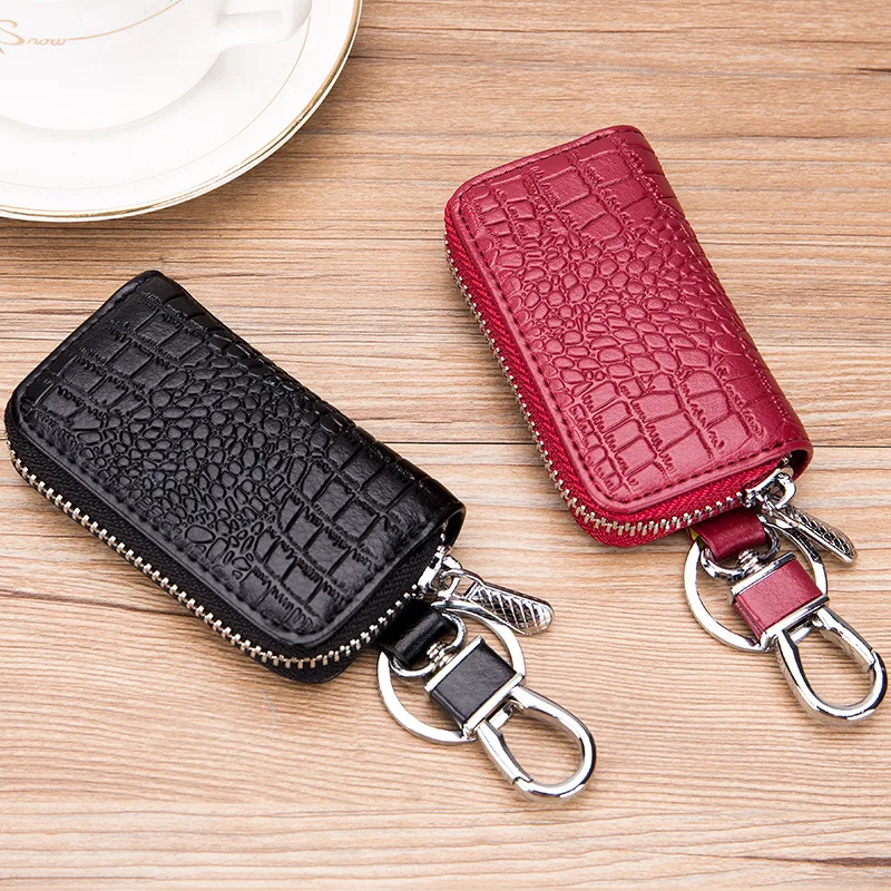 

Fashion Leather Car Key Bag Unisex Crocodile Print Zipper Keys Housekeeper Cow Split Leather Key Organizer Case Wallet Keychain