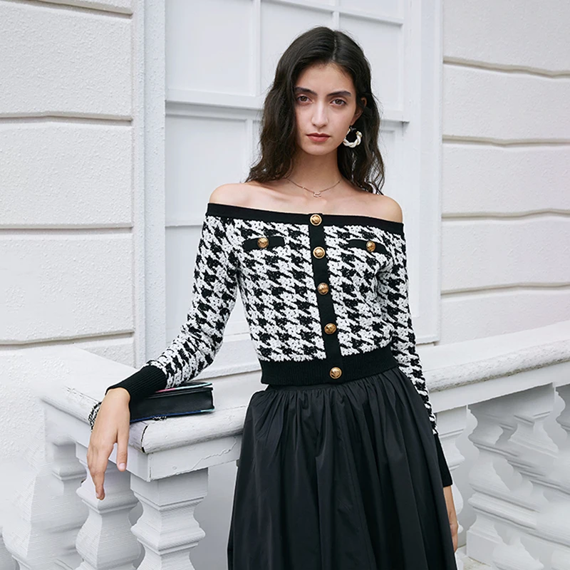 

[EAM] Loose Fit Metal Button Plaid Short Woolen Jacket Slash Neck Long Sleeve Women Coat Fashion Tide Autumn Winter 2021 1DD2926