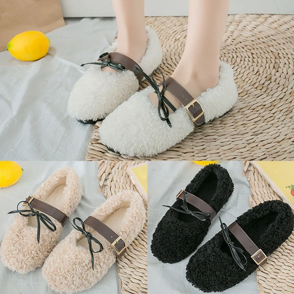 

Winter plush shoes women's buckle flat shoes plush warm snow shoes women's bow buckle beanie shoes casual shoes