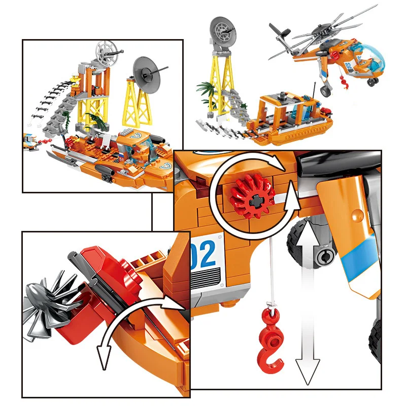 Конструктор детский городская Спасательная команда вертолет лодка кран