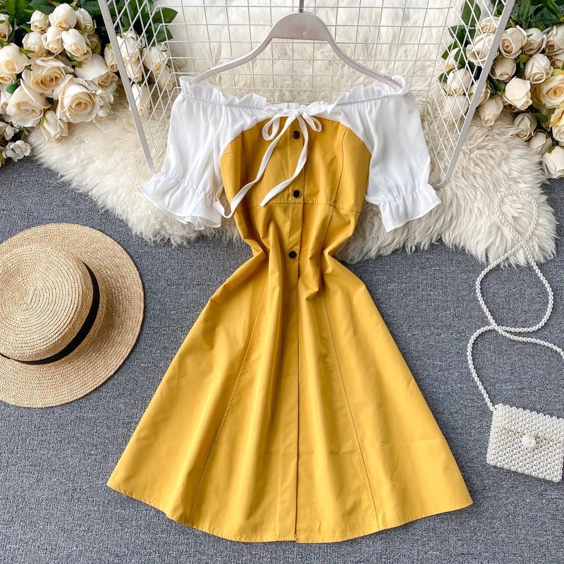 

2020 Summer Korea Fashion Beach Style Dress Women Casual Sexy Slash Neck Short Sleeve Short Dress H248
