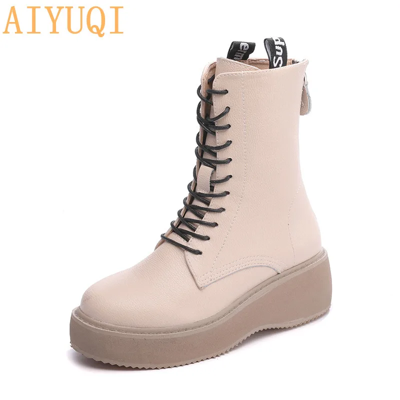 beige Женские ботинки martin из натуральной кожи на платформе; Новинка года; ботинки на шнуровке; женская обувь; женские ботильоны в байкерском стиле - Цвет: beige