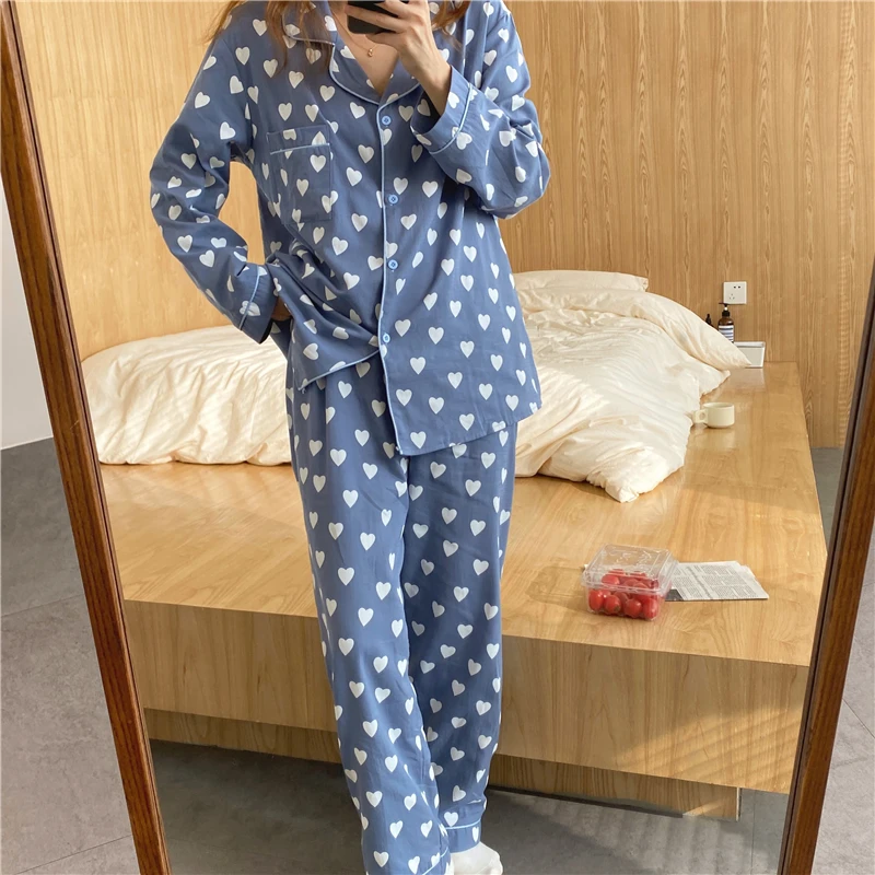 

Alien Kitty Sweet Soft Chic 2021 Loose Cardigans Printed Hearts All Match Homewear Fashion Nightwear Two Piece Suit Pajamas Sets