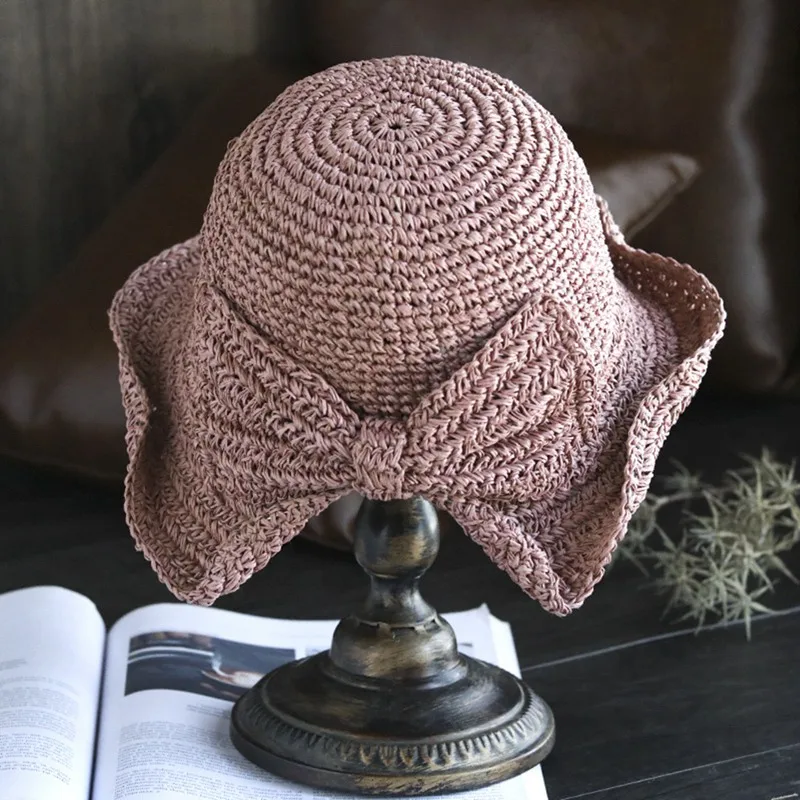 

Parent-child Straw Bow Sun Hat Wide Brim Floppy Summer Hats For Women Beach Panama Straw Dome Bucket Hat Femme Shade Hat