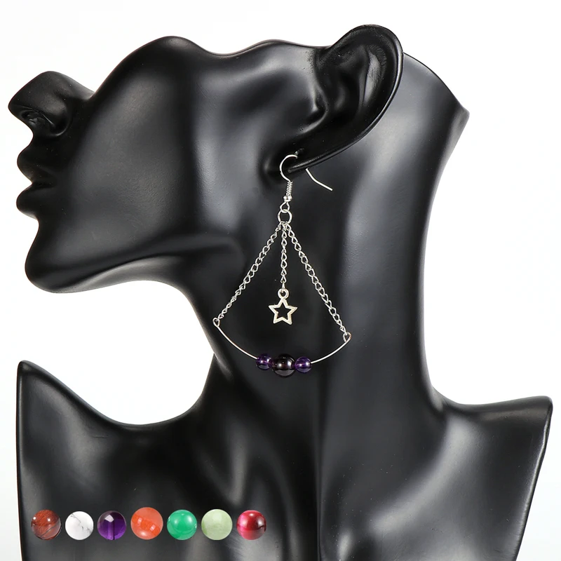 

Women Natural Stone Crystal Onyx Dangling Earring Alloy Long Chain Round Beads Star Charm Hanging Earrings Hoop Party Jewelry