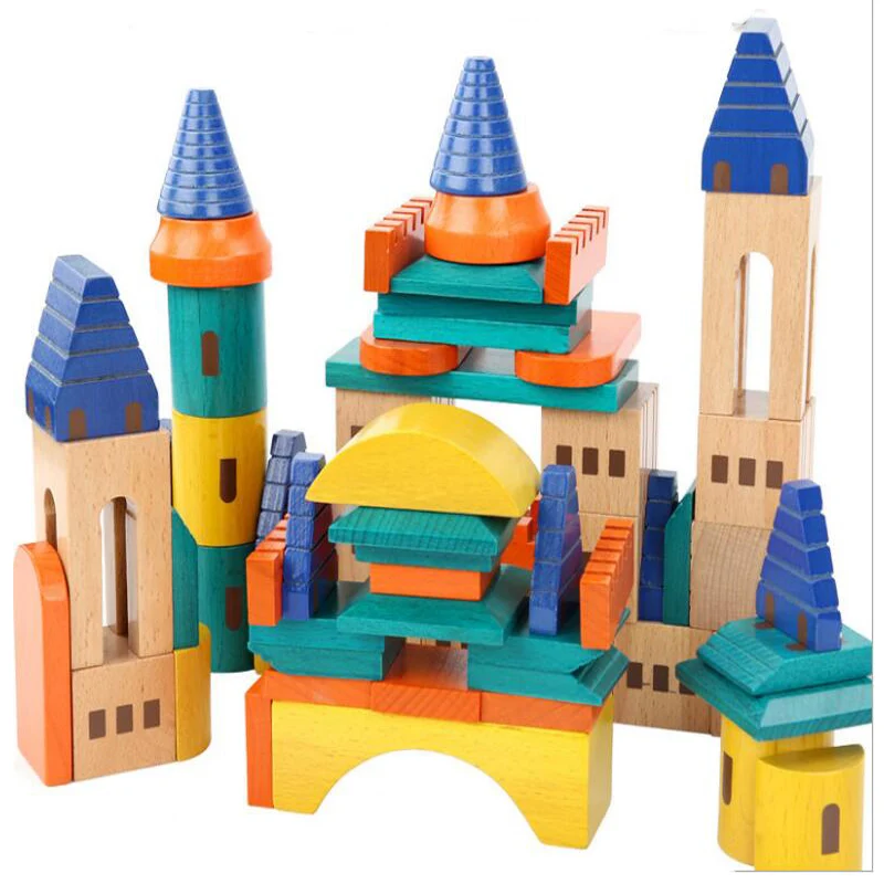 

69 pcs Montessori Rainbow Building Block Solid Wood Educational Toy Rainbow Castle Creative Puzzle Educational Toy To Kid