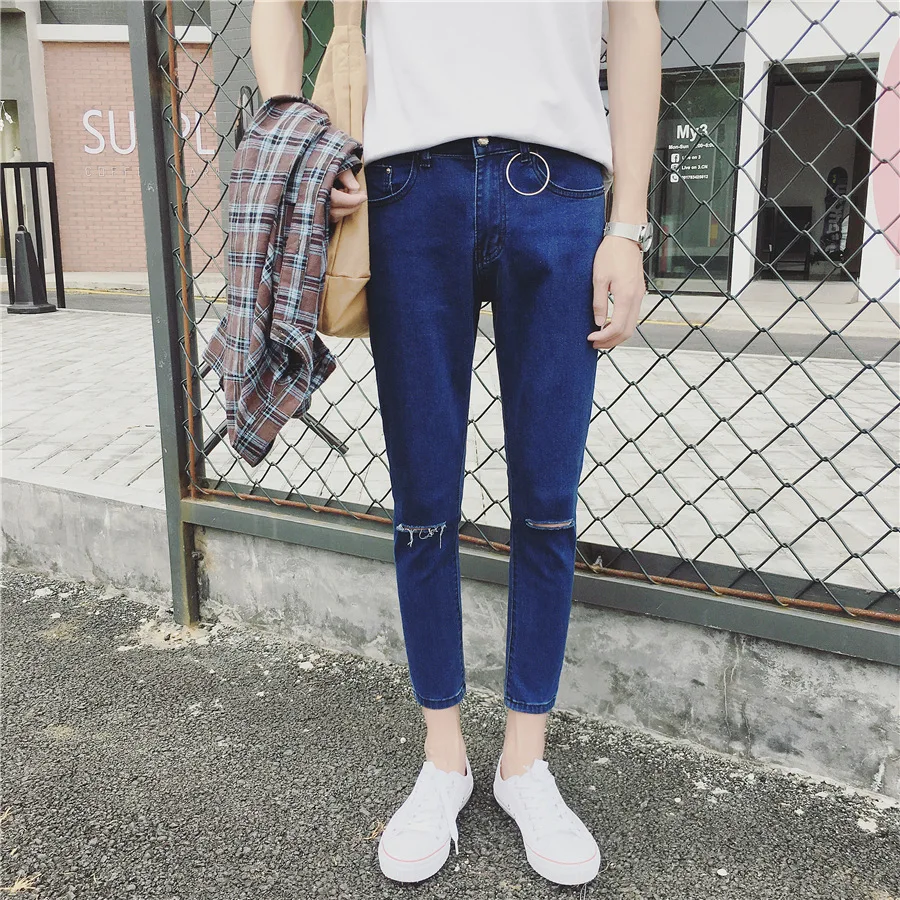 

Loose Fashion Casual 2019 Spring and Summer Pencil Pants Men's Keen Hole Ankle Length Trousers Plus Size Jeans
