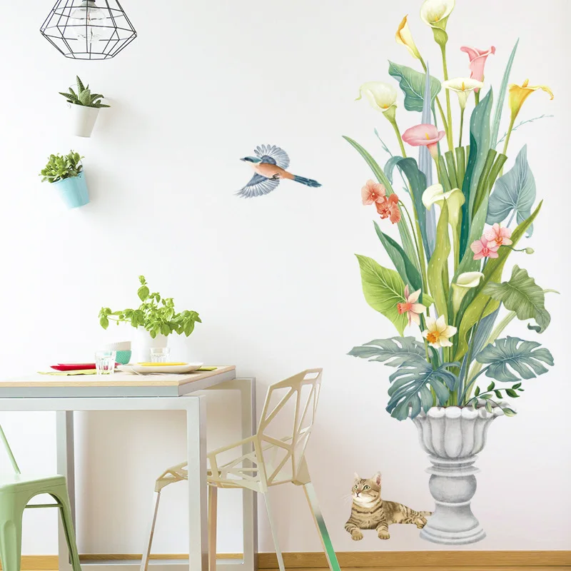 

Potted Plant Calla Lily Turtle Backed Bamboo Cat Bird Wall Sticker Bedroom Living Room Balcony Home Decoration Wall Sticker