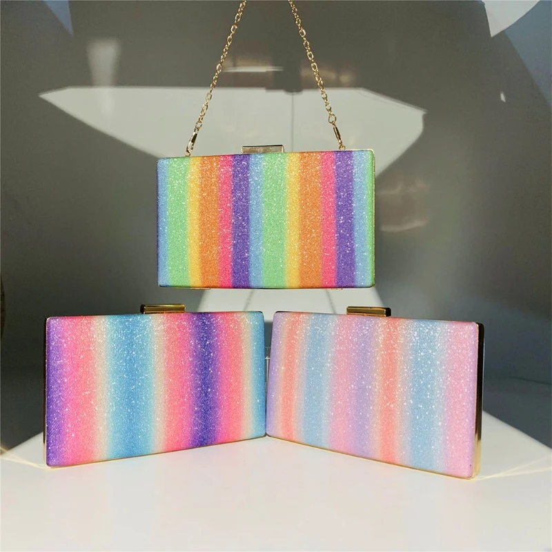 

Rainbow Striped Glitter Sequins Clutch Handbag Female Wedding Elegant Party Evening Shoulder Bag Women Luxury Rectangle Purse