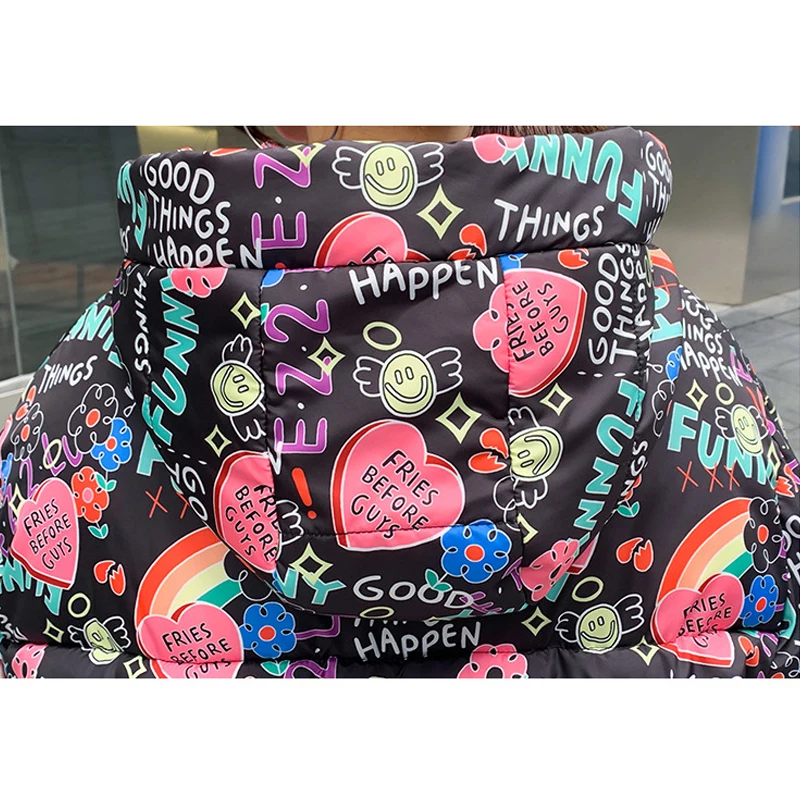 

TIGENA Thick Warm Hooded Women Winter Jacket 2021 New Fashion Graffiti Letter Print Parkas Female Cotton Padded Clothing Coat