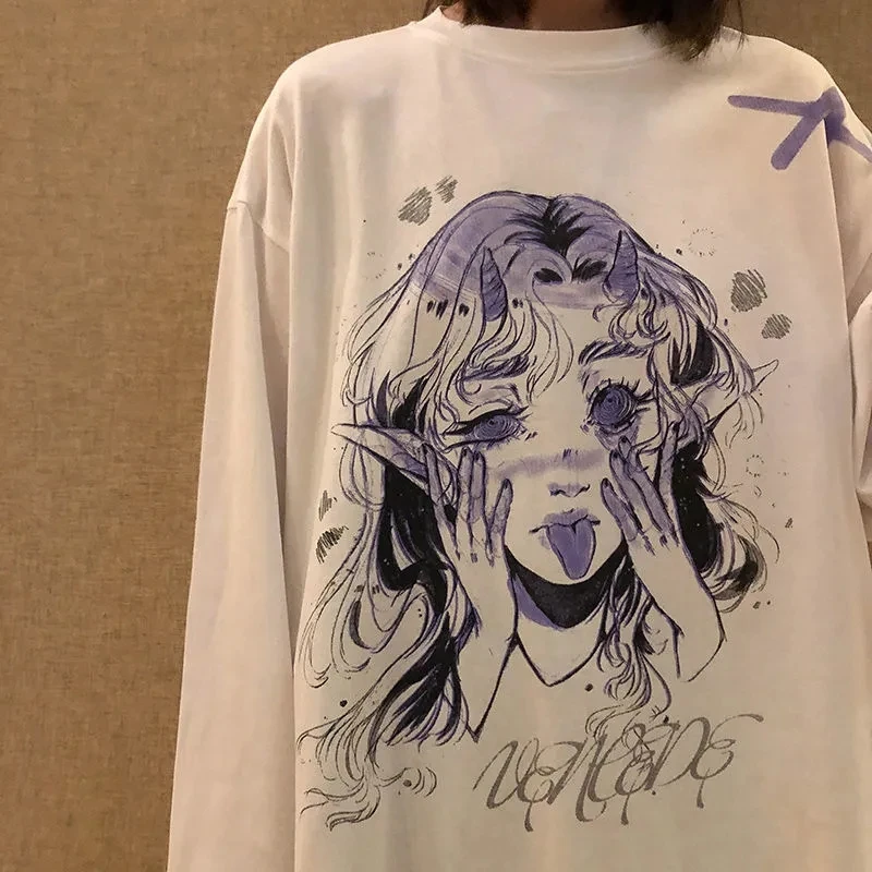

Women's t-shirts Spring harajuku Printed Long Sleeve T-Shirt Women's Loose Street Graffiti Top punk vintage clothes streetwear
