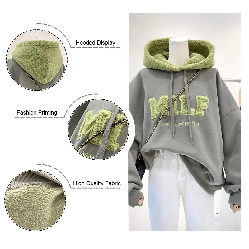 

Hoodies Women Sweatshirts Letter MILF Print Wool Pullovers Loose Korean Style Jacket Full Sleeve Casual Winter Jacket Tops 2021