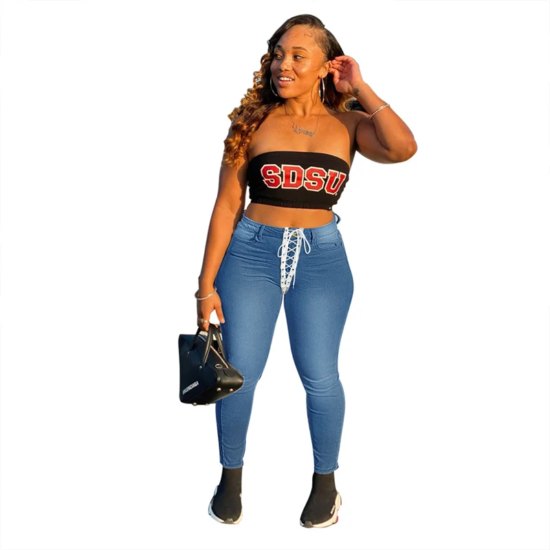 

2022 Fashion Sexy Women's High Waist Skinny Jeans Ladies New Blue Lace Up Denim Trousers Girls Large Size Stretch Pencil Pants