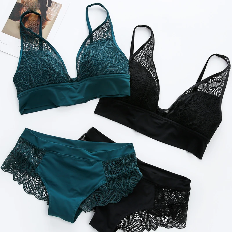 

3 colors black grey green full lace sexy ladies underwear French thin cup wireless bra set lace women comfortable lingerie