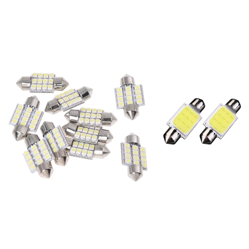 

12 Pcs DC12V White 12 LED Car Bulb: 10 Pcs Torpedo Lights 31MM & 2 Pcs C5W 36MM COB Dome Festoon Bulbs