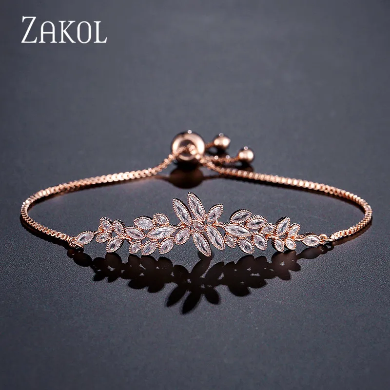 Rose Gold Color Бренд ZAKOL Роскошный Цветочный Дизайн Кубический Цирконий Кристалл Циркон регулируемый шнурок браслеты для женщин ювелирные изделия подарки FSBP2096 - Окраска металла: Rose Gold Color