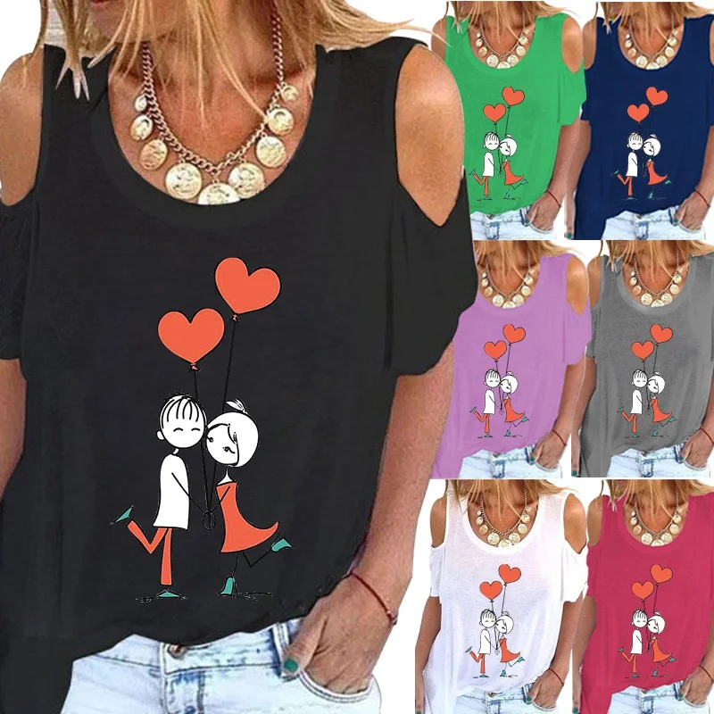 

Women's New Fashion Summer Short Sleeve Round Neck T-shirt Casual Love Printed Top Ladies Off Shoulder Beachwear Top