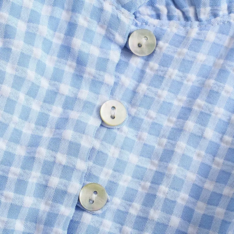 

2021 ZA new spring and summer fashion women's clothing blue plaid short bowknot temperament shirt T-shirt top