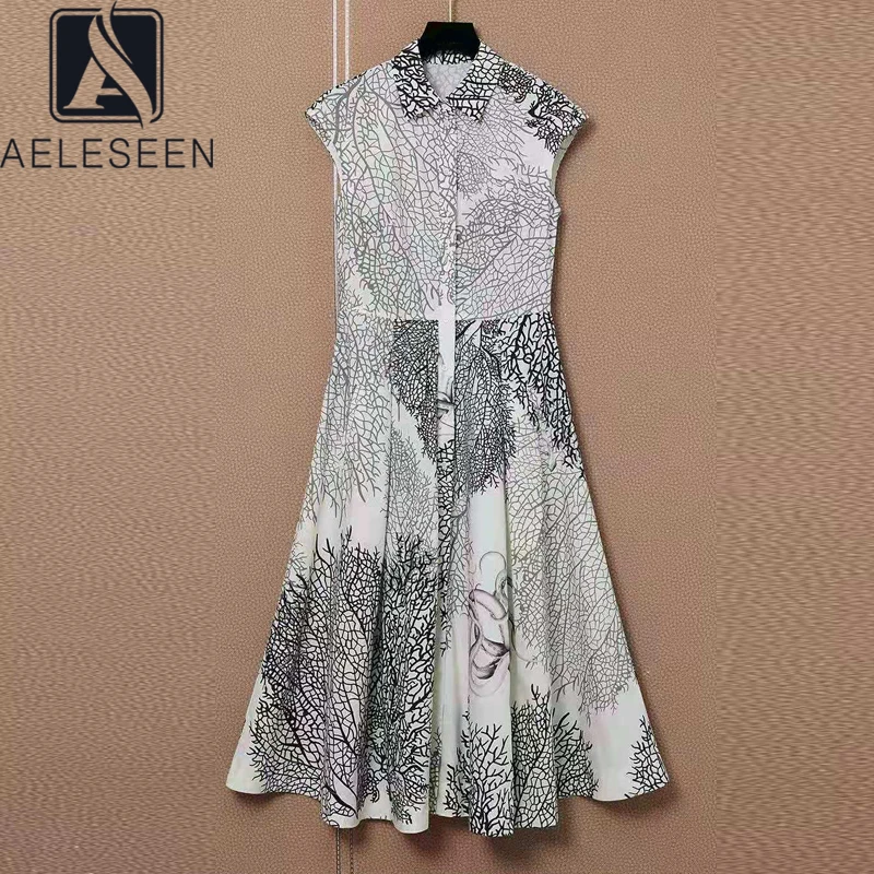 

AELESEEN Runway Fashion 100% Cotton Women Summer Dress 2021 Sleeveless Turn-Down Flower Animal Print Long Elegant Dress