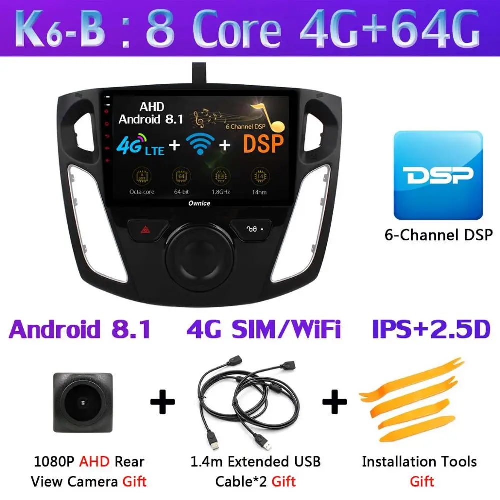 360 ° панорамная камера 4G SIM Android 9,0 4+ 64G gps навигация Радио CarPlay DSP Автомобильный мультимедийный видео плеер для Ford Focus 3 Mk3 - Цвет: K6-B