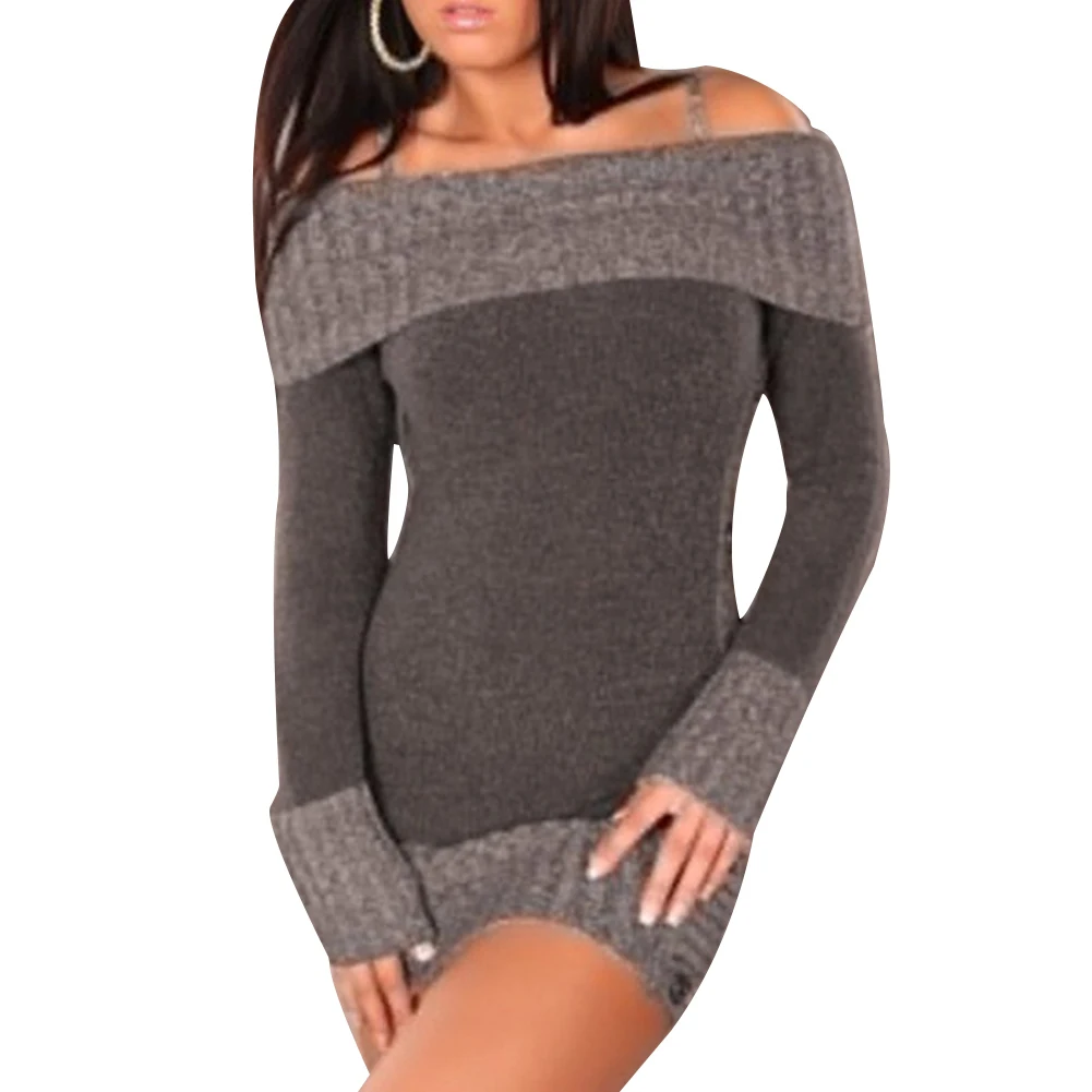 Сексуальный женский зимний облегающий свитер с открытыми плечами вязаное