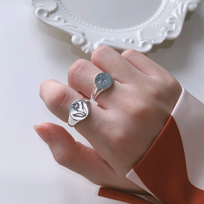 LouLeur 925 пробы серебряные кольца для женщин круглая скульптура человеческое лицо цветок уникальные кольца для сестры элегантные серебряные 925 ювелирные изделия