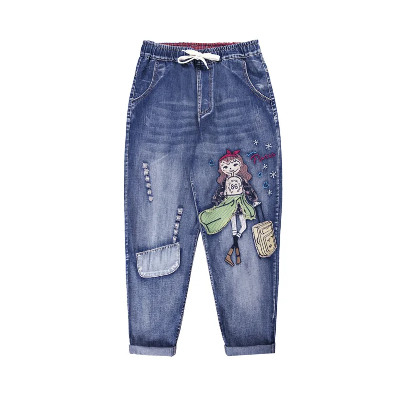 

9168 Women Summer Fashion Cartoon Patchwork Elastic Waist Vintage Denim Jeans Office Lady Large Loose Harem Ankle Length Pants
