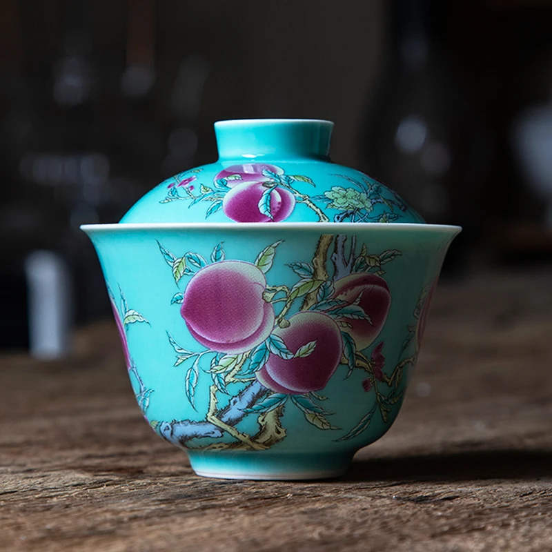 

Чайница 100 мл, керамическая фарфоровая чашка для чая, чашка Master, синяя глазурованная, персиковый узор, Gaiwan, китайская зеркальная чайная гарни...