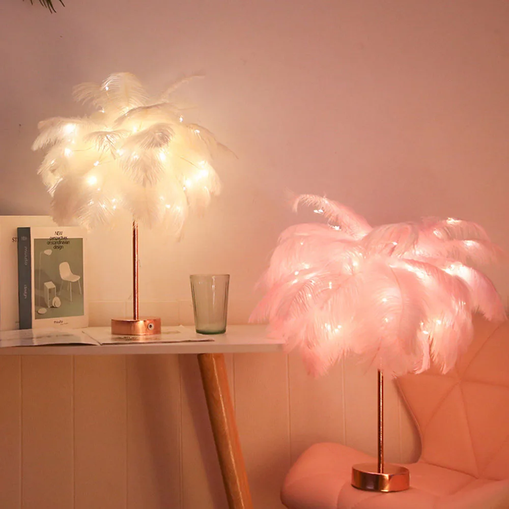 

Remote Control Feather Table Lamp USB/AA Battery Power Creative Warm Light Tree Feather Lampshade Wedding Home Bedroom Decor 40
