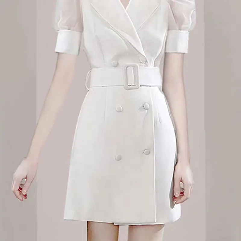 

Mini Summer Dress High Waist Bag Hip Bubble Short Sleeve High Waist Double Breasted White Party Dresses for Women T988