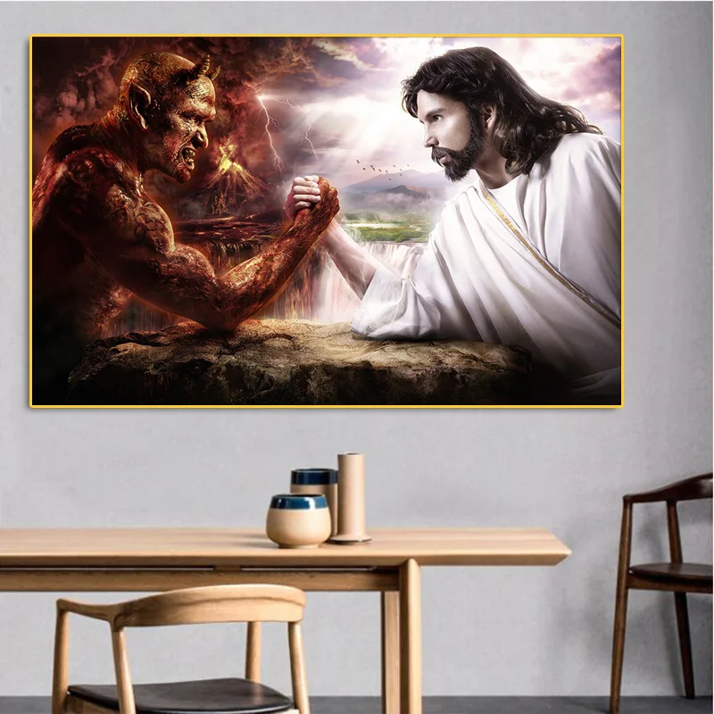 Картина на холсте с изображением бога Иисуса против Сатаны